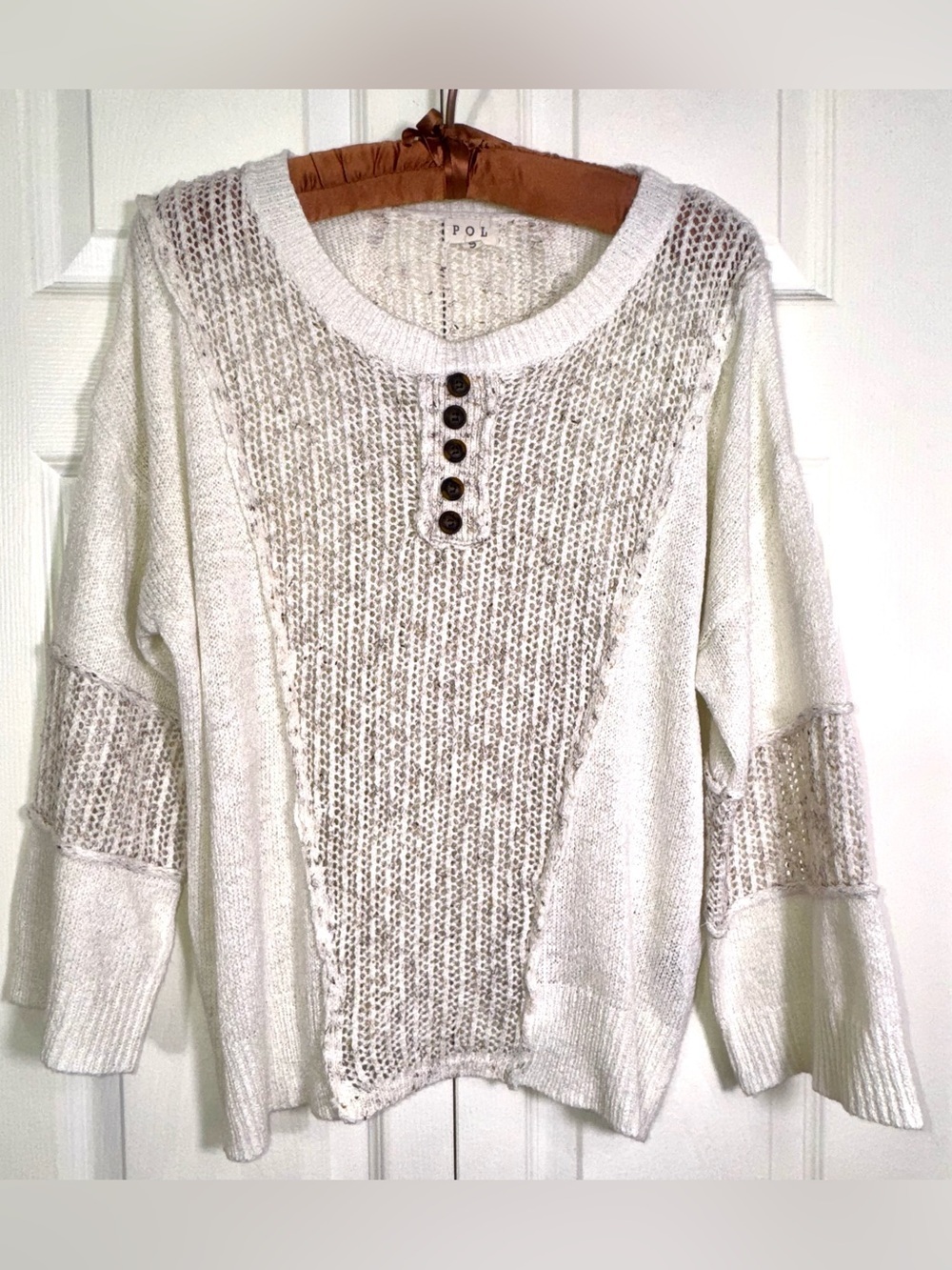POL Knit Sweater Cream Tan open knit Drop Shoulders Oversized Small NWOT